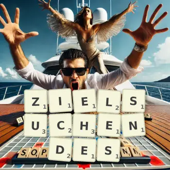 Kreative Illustration für ein Scrabble-Spiel, bei dem das Wort ZIELSUCHENDES mit Steinen auf dem Brett gelegt wurde.
