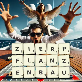 Kreative Illustration für ein Scrabble-Spiel, bei dem das Wort ZIERPFLANZENBAU mit Steinen auf dem Brett gelegt wurde.