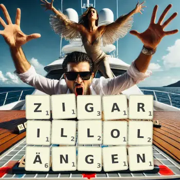 Kreative Illustration für ein Scrabble-Spiel, bei dem das Wort ZIGARILLOLÄNGEN mit Steinen auf dem Brett gelegt wurde.