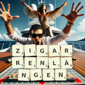 Kreative Illustration für ein Scrabble-Spiel, bei dem das Wort ZIGARRENLÄNGEN mit Steinen auf dem Brett gelegt wurde.
