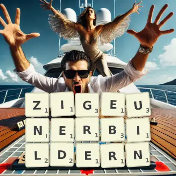Kreative Illustration für ein Scrabble-Spiel, bei dem das Wort ZIGEUNERBILDERN mit Steinen auf dem Brett gelegt wurde.