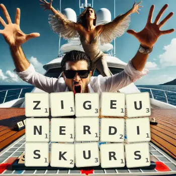 Kreative Illustration für ein Scrabble-Spiel, bei dem das Wort ZIGEUNERDISKURS mit Steinen auf dem Brett gelegt wurde.