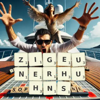 Kreative Illustration für ein Scrabble-Spiel, bei dem das Wort ZIGEUNERHUHNS mit Steinen auf dem Brett gelegt wurde.
