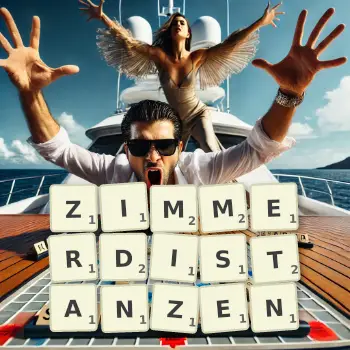 Kreative Illustration für ein Scrabble-Spiel, bei dem das Wort ZIMMERDISTANZEN mit Steinen auf dem Brett gelegt wurde.