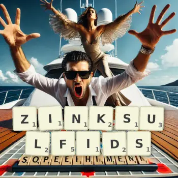 Kreative Illustration für ein Scrabble-Spiel, bei dem das Wort ZINKSULFIDS mit Steinen auf dem Brett gelegt wurde.