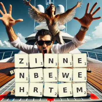 Kreative Illustration für ein Scrabble-Spiel, bei dem das Wort ZINNENBEWEHRTEM mit Steinen auf dem Brett gelegt wurde.