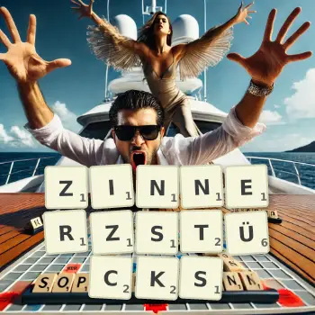 Kreative Illustration für ein Scrabble-Spiel, bei dem das Wort ZINNERZSTÜCKS mit Steinen auf dem Brett gelegt wurde.