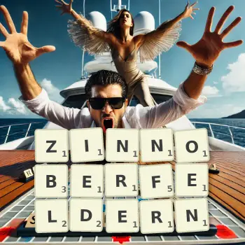 Kreative Illustration für ein Scrabble-Spiel, bei dem das Wort ZINNOBERFELDERN mit Steinen auf dem Brett gelegt wurde.