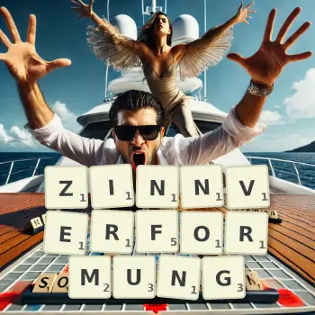 Kreative Illustration für ein Scrabble-Spiel, bei dem das Wort ZINNVERFORMUNG mit Steinen auf dem Brett gelegt wurde.