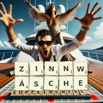 Kreative Illustration für ein Scrabble-Spiel, bei dem das Wort ZINNWÄSCHE mit Steinen auf dem Brett gelegt wurde.