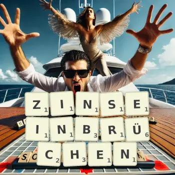 Kreative Illustration für ein Scrabble-Spiel, bei dem das Wort ZINSEINBRÜCHEN mit Steinen auf dem Brett gelegt wurde.