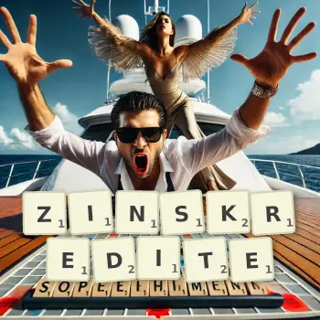 Kreative Illustration für ein Scrabble-Spiel, bei dem das Wort ZINSKREDITE mit Steinen auf dem Brett gelegt wurde.