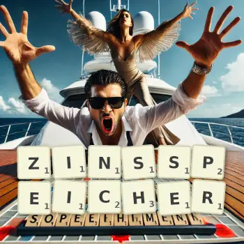 Kreative Illustration für ein Scrabble-Spiel, bei dem das Wort ZINSSPEICHER mit Steinen auf dem Brett gelegt wurde.