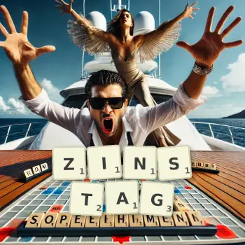 Kreative Illustration für ein Scrabble-Spiel, bei dem das Wort ZINSTAG mit Steinen auf dem Brett gelegt wurde.