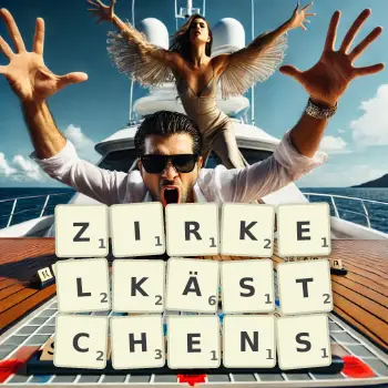 Kreative Illustration für ein Scrabble-Spiel, bei dem das Wort ZIRKELKÄSTCHENS mit Steinen auf dem Brett gelegt wurde.