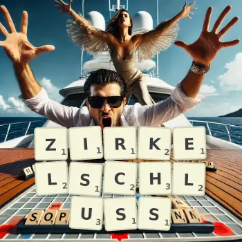 Kreative Illustration für ein Scrabble-Spiel, bei dem das Wort ZIRKELSCHLUSS mit Steinen auf dem Brett gelegt wurde.