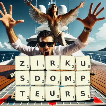 Kreative Illustration für ein Scrabble-Spiel, bei dem das Wort ZIRKUSDOMPTEURS mit Steinen auf dem Brett gelegt wurde.