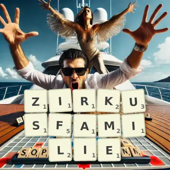 Kreative Illustration für ein Scrabble-Spiel, bei dem das Wort ZIRKUSFAMILIE mit Steinen auf dem Brett gelegt wurde.