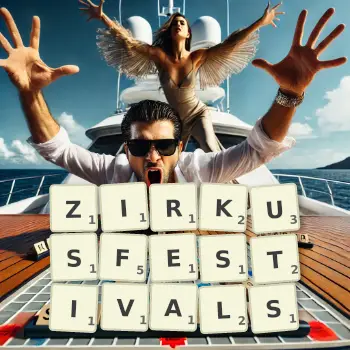 Kreative Illustration für ein Scrabble-Spiel, bei dem das Wort ZIRKUSFESTIVALS mit Steinen auf dem Brett gelegt wurde.