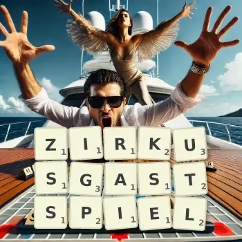 Kreative Illustration für ein Scrabble-Spiel, bei dem das Wort ZIRKUSGASTSPIEL mit Steinen auf dem Brett gelegt wurde.