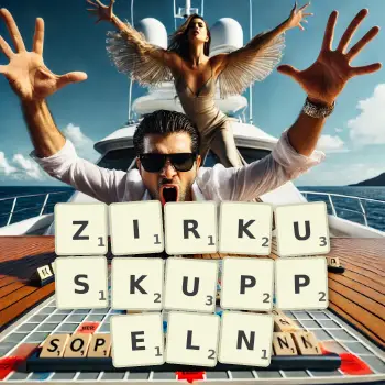 Kreative Illustration für ein Scrabble-Spiel, bei dem das Wort ZIRKUSKUPPELN mit Steinen auf dem Brett gelegt wurde.