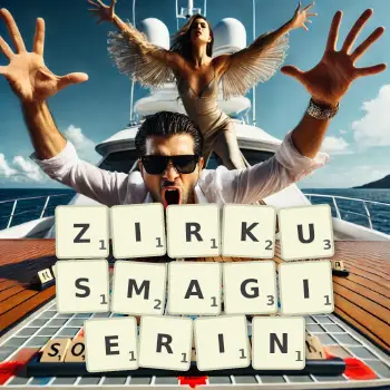 Kreative Illustration für ein Scrabble-Spiel, bei dem das Wort ZIRKUSMAGIERIN mit Steinen auf dem Brett gelegt wurde.