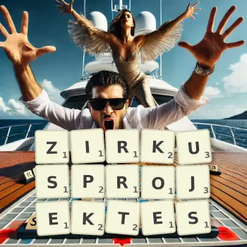 Kreative Illustration für ein Scrabble-Spiel, bei dem das Wort ZIRKUSPROJEKTES mit Steinen auf dem Brett gelegt wurde.