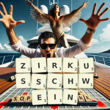Kreative Illustration für ein Scrabble-Spiel, bei dem das Wort ZIRKUSSCHWEIN mit Steinen auf dem Brett gelegt wurde.