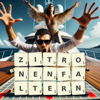 Kreative Illustration für ein Scrabble-Spiel, bei dem das Wort ZITRONENFALTERN mit Steinen auf dem Brett gelegt wurde.