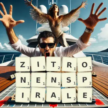 Kreative Illustration für ein Scrabble-Spiel, bei dem das Wort ZITRONENSPIRALE mit Steinen auf dem Brett gelegt wurde.