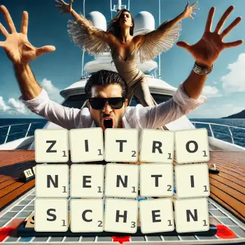 Kreative Illustration für ein Scrabble-Spiel, bei dem das Wort ZITRONENTISCHEN mit Steinen auf dem Brett gelegt wurde.