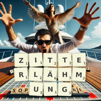 Kreative Illustration für ein Scrabble-Spiel, bei dem das Wort ZITTERLÄHMUNG mit Steinen auf dem Brett gelegt wurde.
