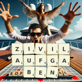 Kreative Illustration für ein Scrabble-Spiel, bei dem das Wort ZIVILAUFGABEN mit Steinen auf dem Brett gelegt wurde.
