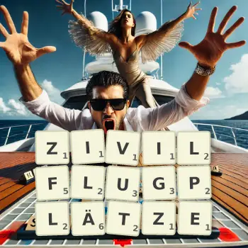 Kreative Illustration für ein Scrabble-Spiel, bei dem das Wort ZIVILFLUGPLÄTZE mit Steinen auf dem Brett gelegt wurde.