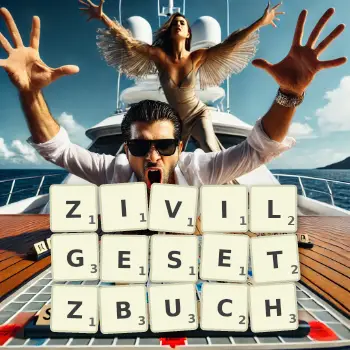 Kreative Illustration für ein Scrabble-Spiel, bei dem das Wort ZIVILGESETZBUCH mit Steinen auf dem Brett gelegt wurde.