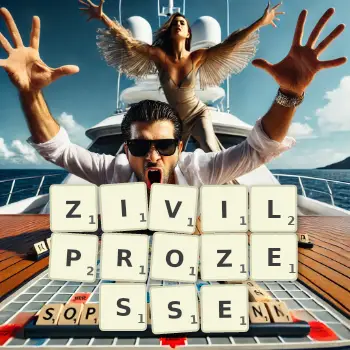 Kreative Illustration für ein Scrabble-Spiel, bei dem das Wort ZIVILPROZESSE mit Steinen auf dem Brett gelegt wurde.