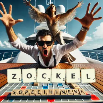 Kreative Illustration für ein Scrabble-Spiel, bei dem das Wort ZOCKEL mit Steinen auf dem Brett gelegt wurde.