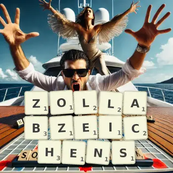 Kreative Illustration für ein Scrabble-Spiel, bei dem das Wort ZOLLABZEICHENS mit Steinen auf dem Brett gelegt wurde.