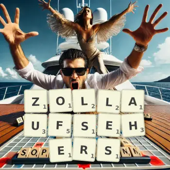 Kreative Illustration für ein Scrabble-Spiel, bei dem das Wort ZOLLAUFSEHERS mit Steinen auf dem Brett gelegt wurde.