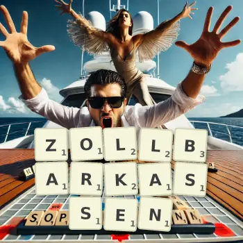 Kreative Illustration für ein Scrabble-Spiel, bei dem das Wort ZOLLBARKASSEN mit Steinen auf dem Brett gelegt wurde.