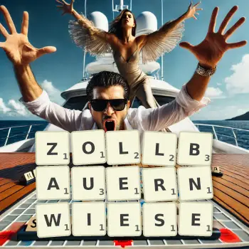 Kreative Illustration für ein Scrabble-Spiel, bei dem das Wort ZOLLBAUERNWIESE mit Steinen auf dem Brett gelegt wurde.
