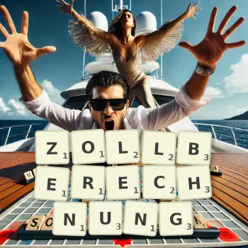 Kreative Illustration für ein Scrabble-Spiel, bei dem das Wort ZOLLBERECHNUNG mit Steinen auf dem Brett gelegt wurde.