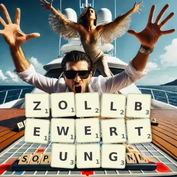 Kreative Illustration für ein Scrabble-Spiel, bei dem das Wort ZOLLBEWERTUNG mit Steinen auf dem Brett gelegt wurde.