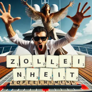 Kreative Illustration für ein Scrabble-Spiel, bei dem das Wort ZOLLEINHEIT mit Steinen auf dem Brett gelegt wurde.