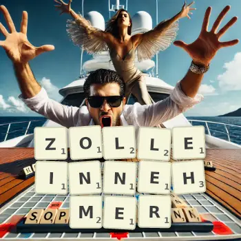 Kreative Illustration für ein Scrabble-Spiel, bei dem das Wort ZOLLEINNEHMER mit Steinen auf dem Brett gelegt wurde.