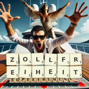 Kreative Illustration für ein Scrabble-Spiel, bei dem das Wort ZOLLFREIHEIT mit Steinen auf dem Brett gelegt wurde.