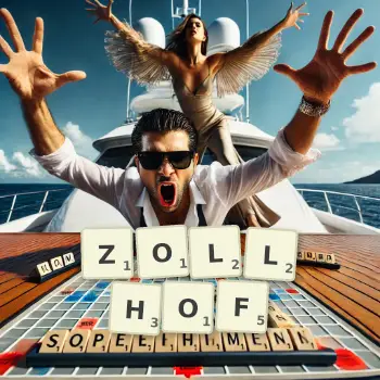 Kreative Illustration für ein Scrabble-Spiel, bei dem das Wort ZOLLHOF mit Steinen auf dem Brett gelegt wurde.