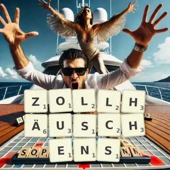 Kreative Illustration für ein Scrabble-Spiel, bei dem das Wort ZOLLHÄUSCHENS mit Steinen auf dem Brett gelegt wurde.
