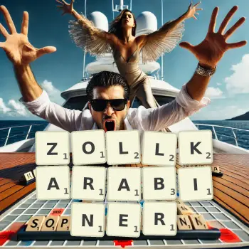 Kreative Illustration für ein Scrabble-Spiel, bei dem das Wort ZOLLKARABINER mit Steinen auf dem Brett gelegt wurde.