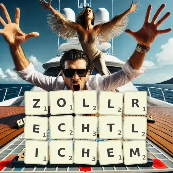 Kreative Illustration für ein Scrabble-Spiel, bei dem das Wort ZOLLRECHTLICHEM mit Steinen auf dem Brett gelegt wurde.